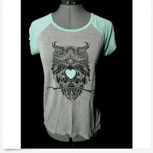 RUE21 Owl T-shirt S Gray Mint Blue knit top Boho Raglan baseball top Soft!